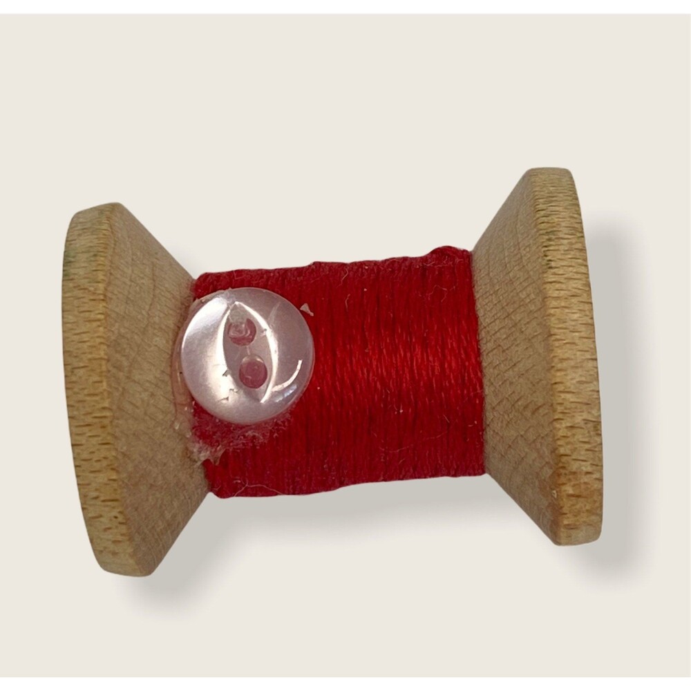 Wooden Spool and Red Thread Brooch - Sewing Pin Seamstress Gift